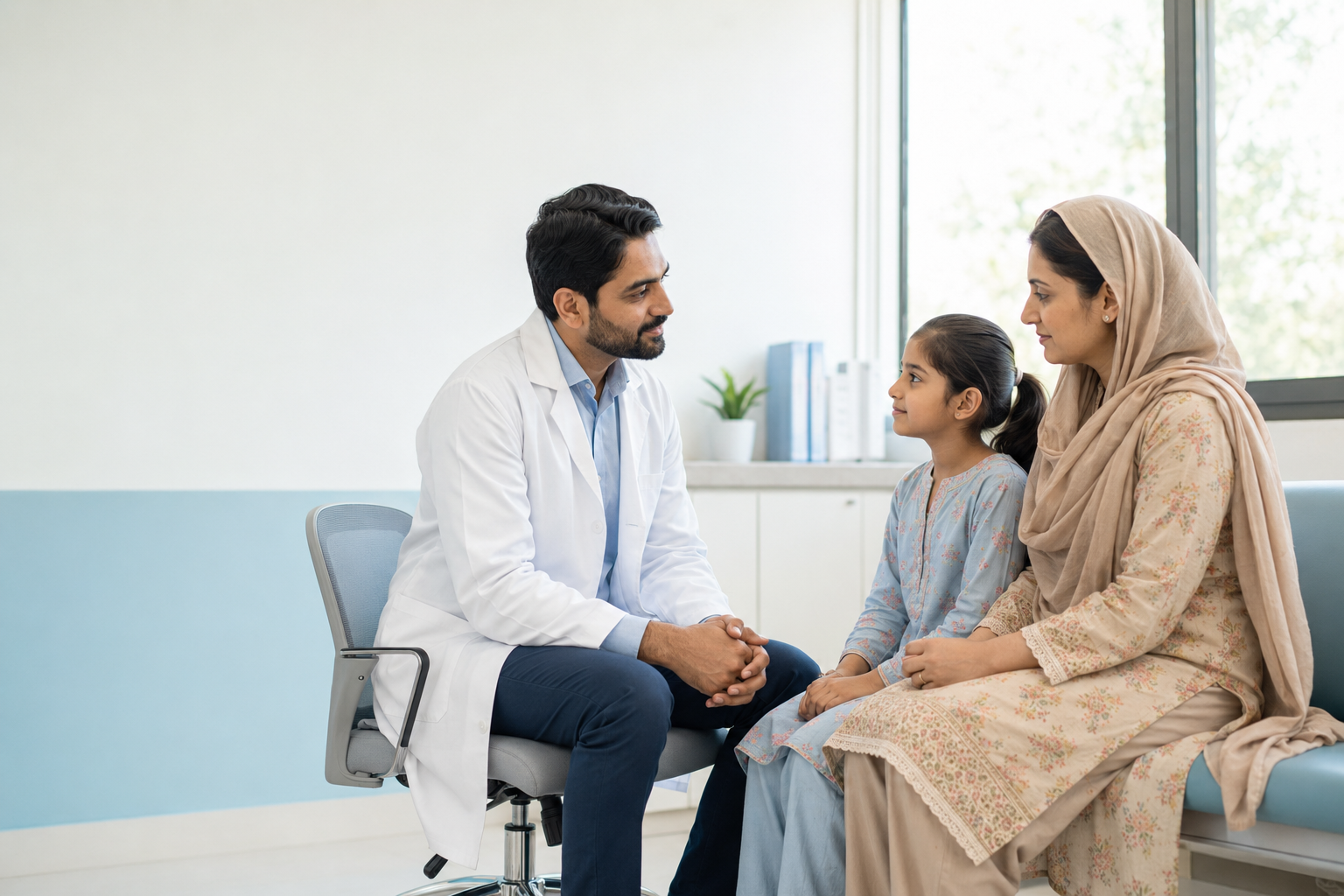 Pakistani doctor listening attentively to a mother and young daughter during a clinic consultation.